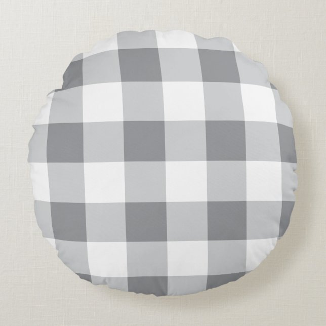 Grey And White Gingham Pattern Round Cushion (Front)