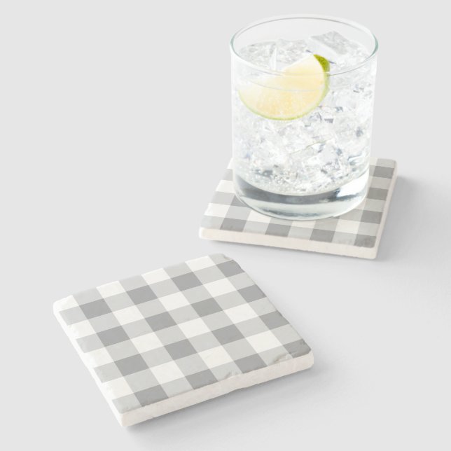 Grey And White Gingham Pattern Stone Coaster (Side)