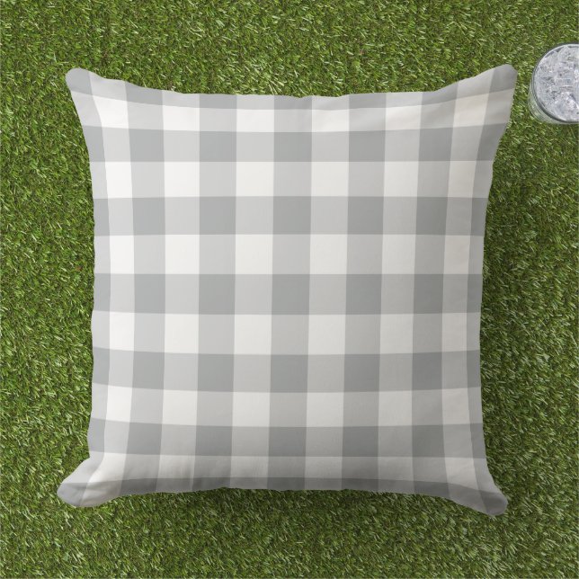 Grey and White Gingham Plaid Pattern Cushion (Grass)