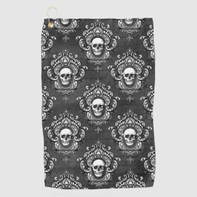 Grey and White Gothic Skull Golf Towel (Front)