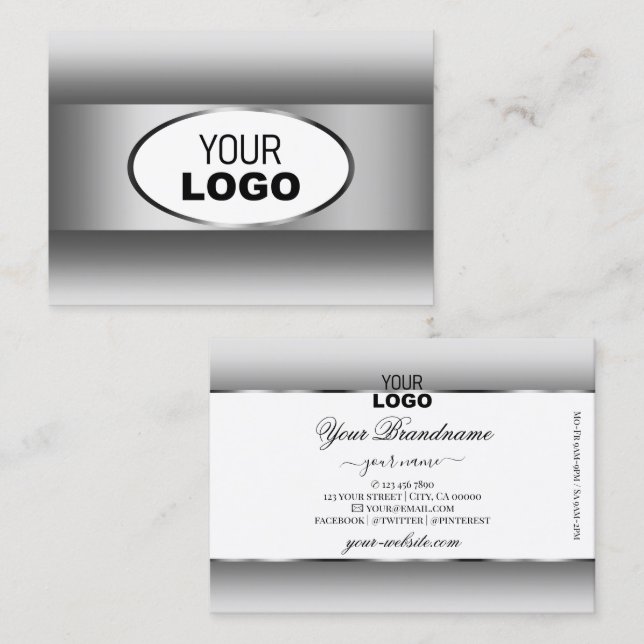 Grey and White Gradient Logo Silver Oval Frame Business Card (Front/Back)