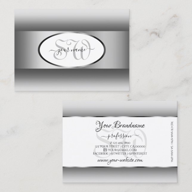 Grey and White Gradient Monogram Oval Silver Frame Business Card (Front/Back)