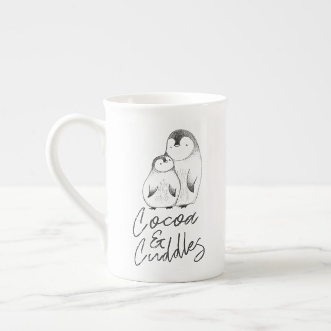 Grey and White Hand Drawn Penguin Cuddles Winter Bone China Mug (Left)