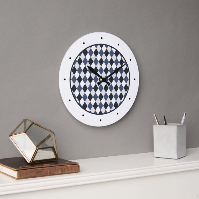 Grey and White Harlequin Diamond Pattern Large Clock (Office)