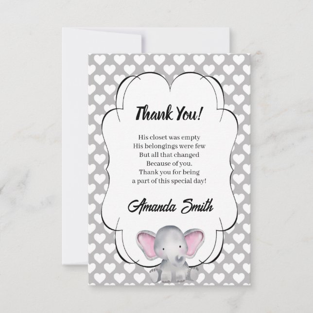 Grey and White Hearts Elephant Baby Shower Thank Y Thank You Card (Front)