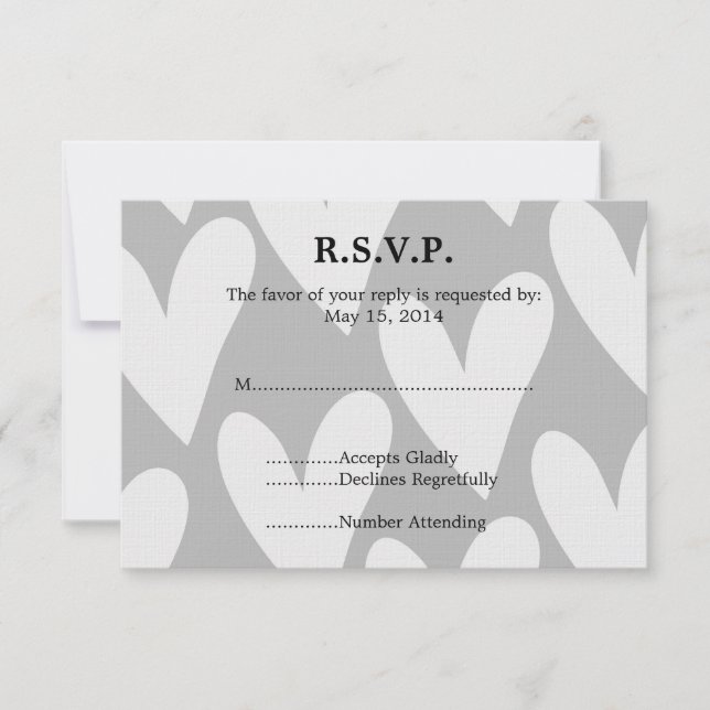 Grey and White Hearts Wedding RSVP Card (Front)
