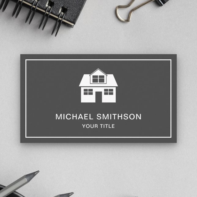 Grey and White Home Icon Real Estate Agent Business Card (Creator Uploaded)