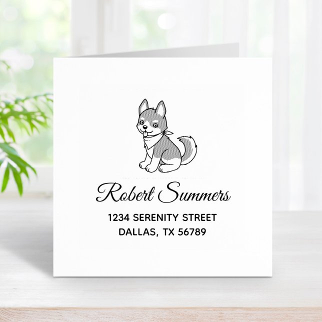 Grey and White Husky Puppy Dog Address Rubber Stamp (Creator Uploaded)