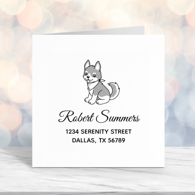 Grey and White Husky Puppy Dog Address Self-inking Stamp (Creator Uploaded)