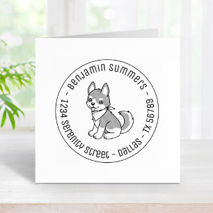 Grey and White Husky Puppy Dog Round Address Rubber Stamp