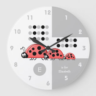 Grey and white kids ladybirds with name large clock
