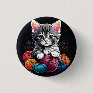 Grey and White Kitten with Yarn 3 Cm Round Badge