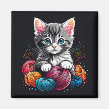 Grey and White Kitten with Yarn