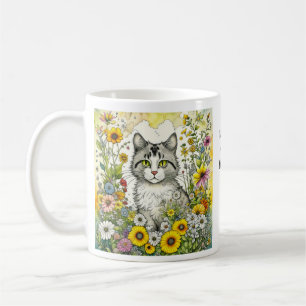 Grey and White Kitty Cat Sitting in Flowers Coffee Mug