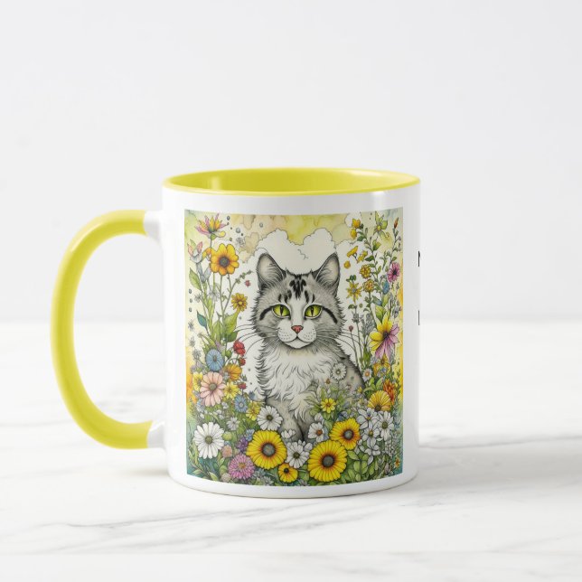 Grey and White Kitty Cat Sitting in Flowers Mug (Left)