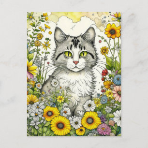 Grey and White Kitty Cat Sitting in Flowers   Postcard