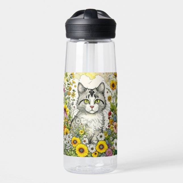 Grey and White Kitty Cat Sitting in Flowers Water Bottle (Front)