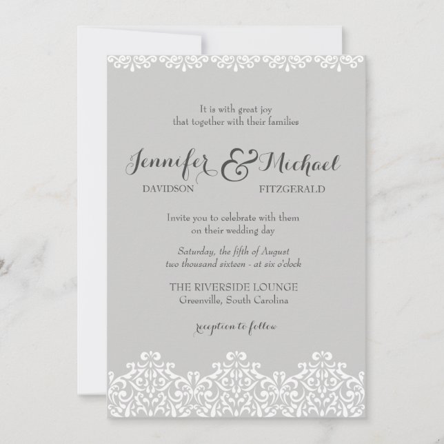 Grey and White Lace Elegant Wedding Invitation (Front)
