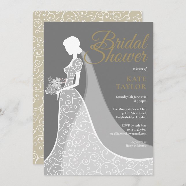 Grey and White Lace Gown Bridal Shower Invitation (Front/Back)