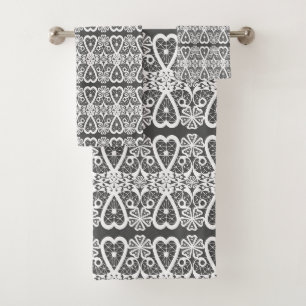 Grey and white lace pattern bath towel set