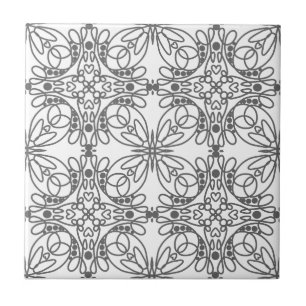 Grey and White Line Art Floral and Hearts Ceramic Tile