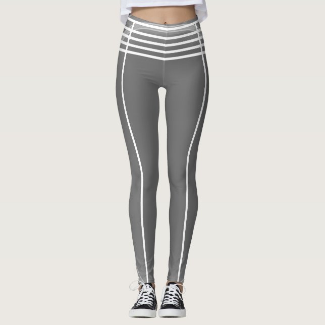 Grey and White Lines Pattern Futuristic Athletic Leggings (Front)