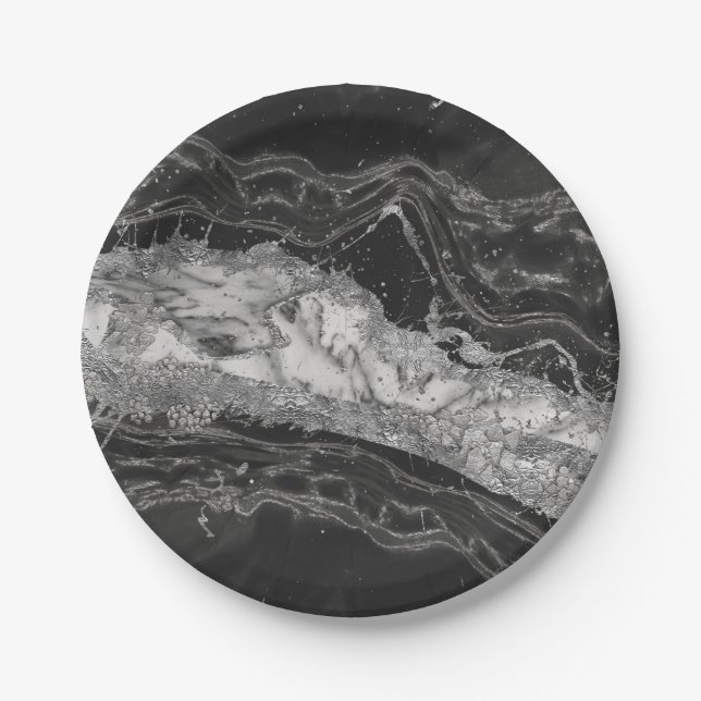 Grey and white marble and silver abstract paper plate (Front)