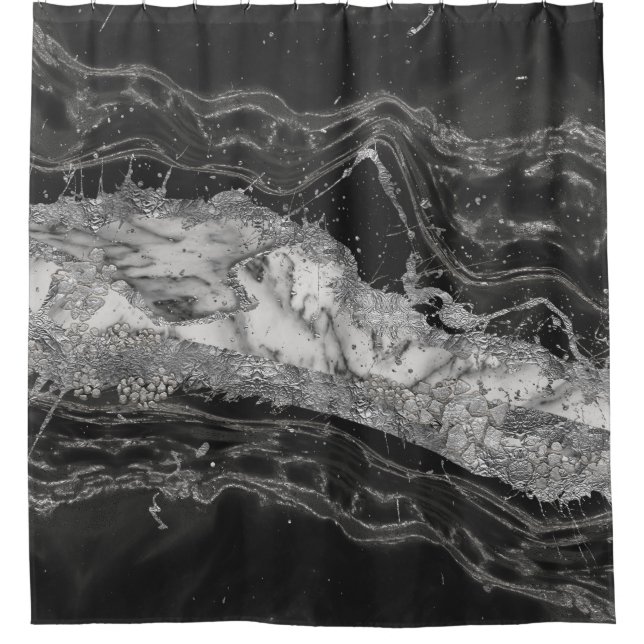 Grey and white marble and silver abstract shower curtain (Front)
