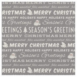 Grey and White Merry Christmas Retro Typography Fabric
