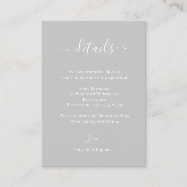 Grey and White Minimalist Wedding Hotel Detail Enclosure Card (Front)