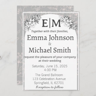 Grey and White Modern Elegance Floral Line Art Invitation