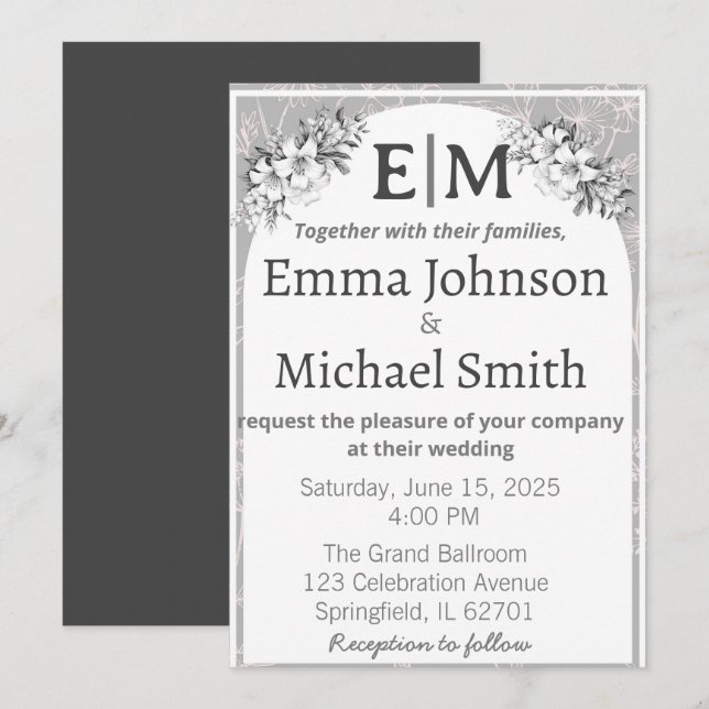 Grey and White Modern Elegance Floral Line Art Invitation (Front/Back)