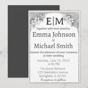 Grey and White Modern Elegance Floral Line Art Invitation