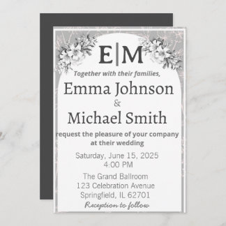Grey and White Modern Elegance Floral Line Art Invitation
