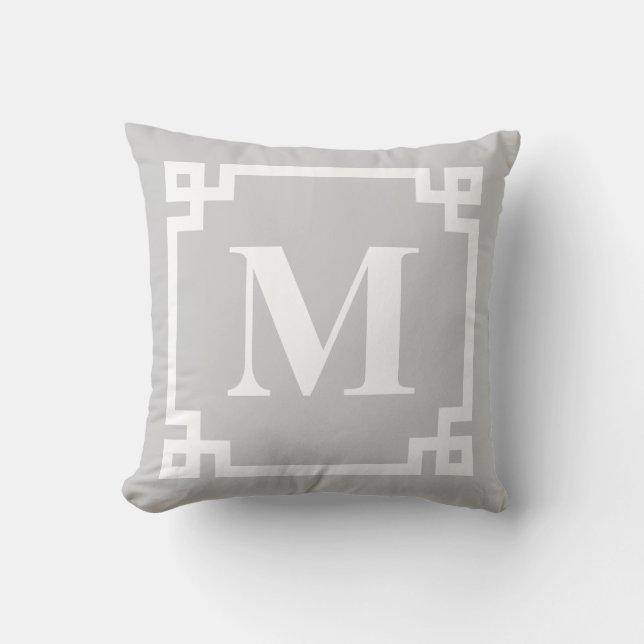 Grey and White Modern Greek Key Border Monogram Cushion (Front)