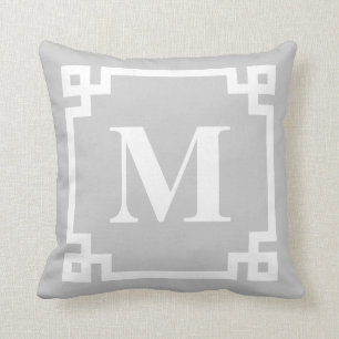 Grey and White Modern Greek Key Border Monogram Cushion