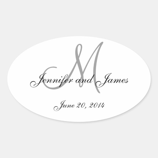 Grey and White Monogram Oval Wedding Labels (Front)