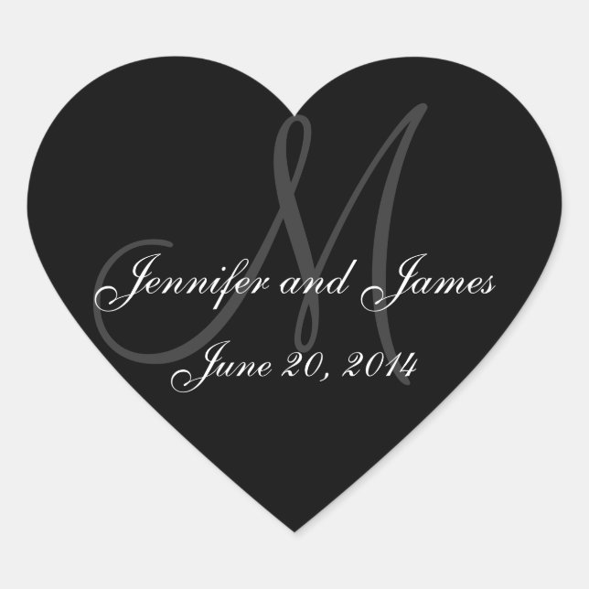 Grey and White Monogram Wedding Heart Labels (Front)