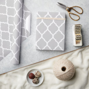 Grey and White Moroccan Quatrefoil Wrapping Paper