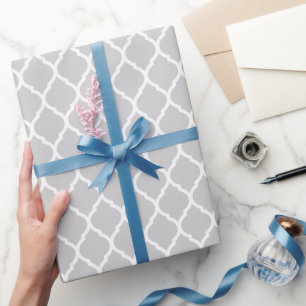 Grey and White Moroccan Quatrefoil Wrapping Paper