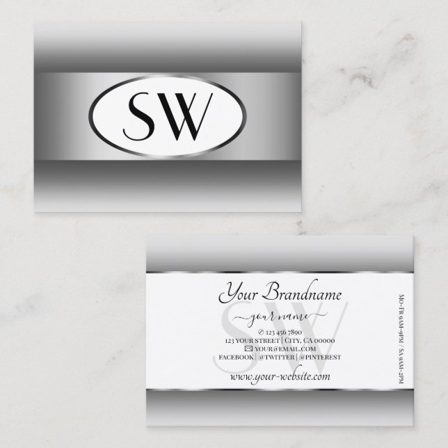 Grey and White Ombre Initials Silver Oval Frame Business Card (Front/Back)