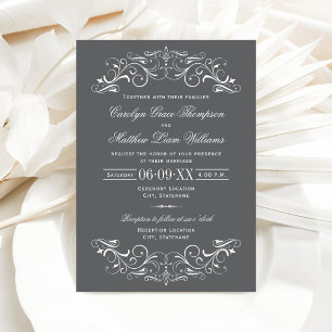 Grey and White Ornate Scroll Wedding Invitation