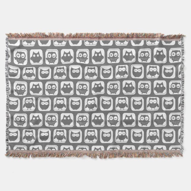 Grey and White Owl Pattern Throw Blanket (Front)