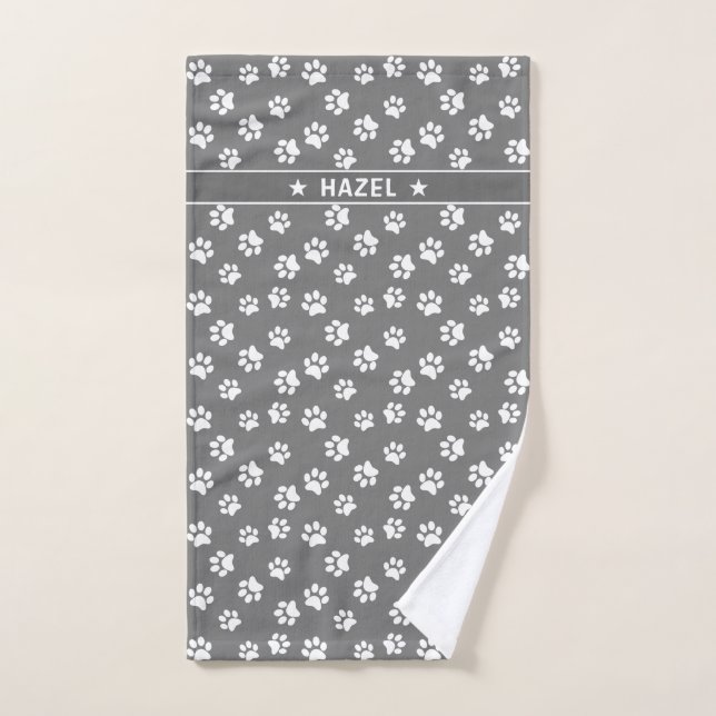    Grey And White Paw Print Personalised Dog Towel (Hand Towel)