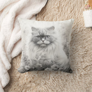 Grey and White Persian Cat Floral Cushion
