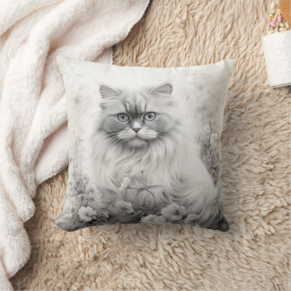 Grey and White Persian Cat Floral  Cushion
