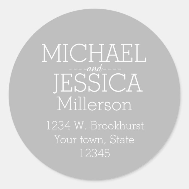 Grey and White Personalised address Classic Round Sticker (Front)