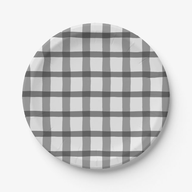 Grey and White Plaid Paper Plate (Front)