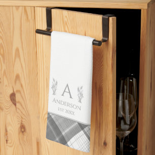 Grey and White Plaid Personalised Name Monogram Tea Towel