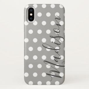 Grey and White Polka Dot  Personalised Name iPhone X Case